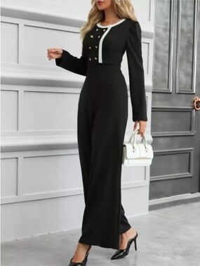 Black Long Sleeve Wide-Leg Jumpsuit with Contrast Trim